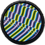 Framed abstract artwork featuring geometric patterns in blue, green, and purple on a black background